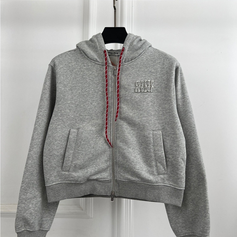 Grey V-Neck Zip Hoodie with Red Drawcords - Women's V-Neck Sweater